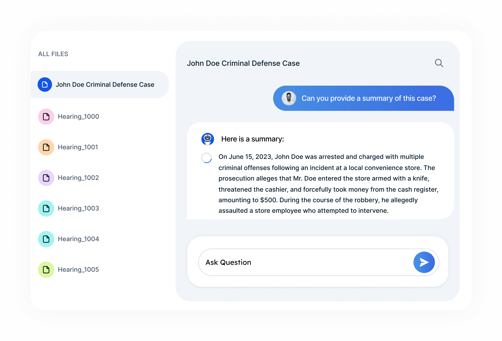 Get sourced answers for all of your case questions: Legalyze.ai product screenshot